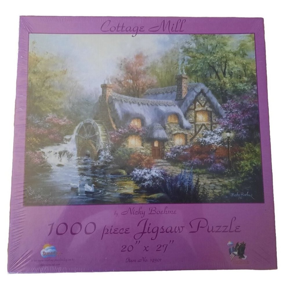 NEW Sunsout Cottage Mill 1000 piece jigsaw puzzle Stream Swans Waterwheel Pretty